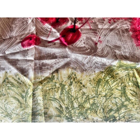 Silk Scarf 30" x 30" Abstract Red Floral & Green Design Rolled Hem - Picture 7 of 7